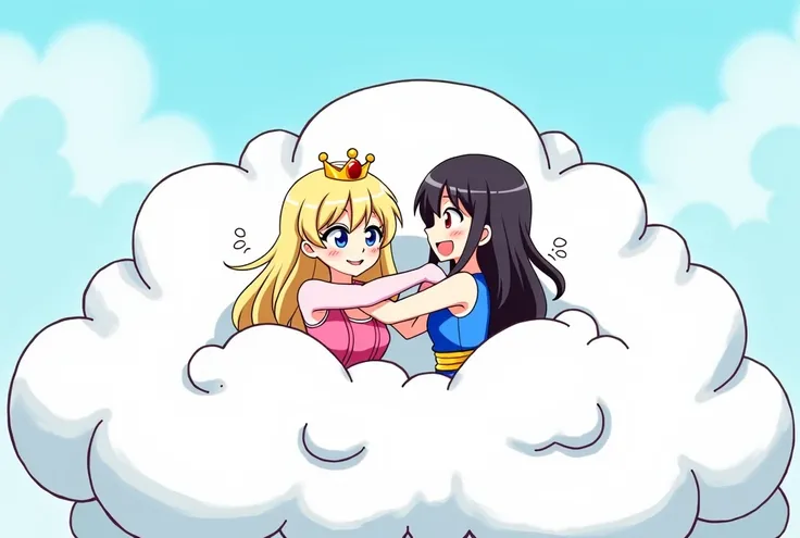 An anime-style art depicting 1princess and 1lady playfully wrestling with each other inside a comical fight cloud (fairytaile cloud).
one princess with blonde braided and blue-eyes and pink-dress, and one lady with black long hiar and red-eyes and blue sle...