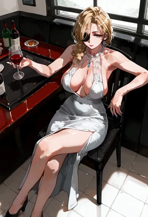 Mamimi style, Madame President, erotic long wavy blonde hair, white-skinned, blue-eyed, massive natural breasts, long eyelashes, makeup on, wearing erotic and tiny sleeveless black High Slit Maxi Dress, black stilettos shoes, exposed arms, shoulders, armpi...