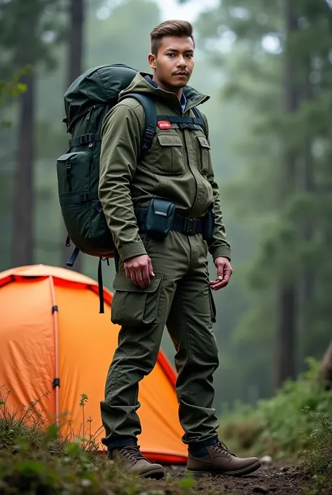 a man with a backpack standing next to a tent, wearing adventure gear, wearing adventuring gear, rugged male ranger, man vs wild, full - body portrait of a ranger, adventure gear, gorgeous jungle ranger, action adventure, rugged male ranger in battle, outd...