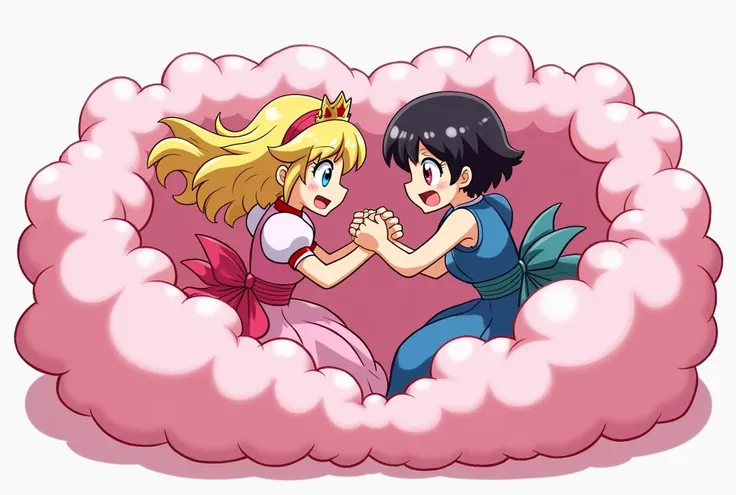 An anime-style art depicting 1princess and 1lady playfully wrestling with each other inside a pink comical fight cloud (fairytaile cloud).
one princess with blonde braided and blue-eyes and pink-dress, and one lady with black long hiar and red-eyes and blu...