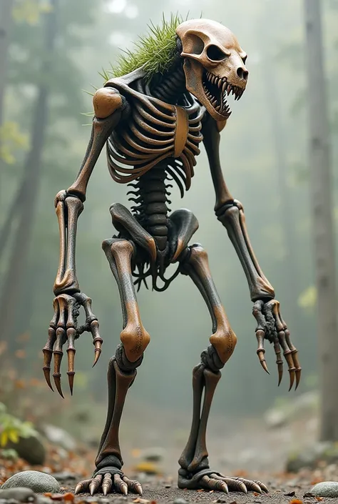  A tall, slender creature with its fully exposed and retaliated skin covered by only its bones like a kind of armor, in his hands he has long bone claws .  His head is shaped like a wolfs skull but bigger and with extra rows of teeth deep in his mouth 