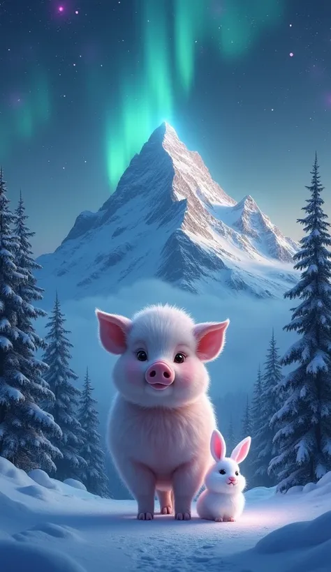 A fluffy pig with soft, cotton-like fur stands at the base of a towering snow-covered mountain under a starry night sky. The mountain peak glows faintly with silver light, creating a magical aura. Beside the pig is a glowing white rabbit with a halo of sof...