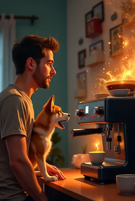 Scene 4: Suddenly, the mans dog, sitting nearby, barks loudly. The coffee machine lights up, whirs to life, and starts brewing coffee. The man and his friend exchange astonished looks.