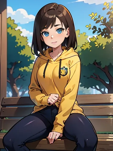 (masterpiece, best quality:1.2), CARTOON, ANIME, CARTOON ARTSTYLE, 1girl, solo, masterpiece best quality, 20yo woman, college freshman, brown hair, blue eyes, blue hoodie, yellow hornet (symbol) in the middle of the hoodie, black leggings. Outdoors, colleg...