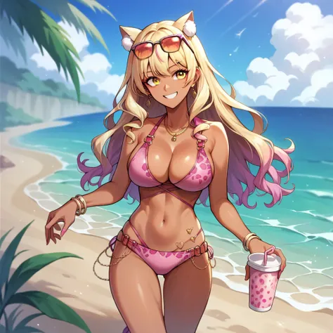  Suzuka Gozen  , by the ruby , blonde ,  yellow eyes , smile, Piel Gyaru ,  dark skin , Big breasts cup D, pink bikini,  is walking on a lonely beach. 