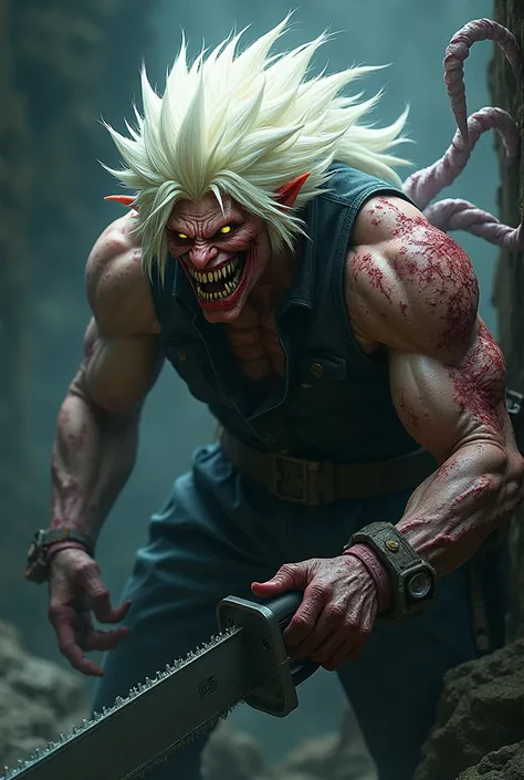  Create white-haired Cloud Strife , Based on the game Final Fantasy VII,  Cloud is in a monstrous version ,  with an electric saw pushed in his right hand , and a symbiote in the left hand ,  he is looking forward and smiling with a demonic smile.