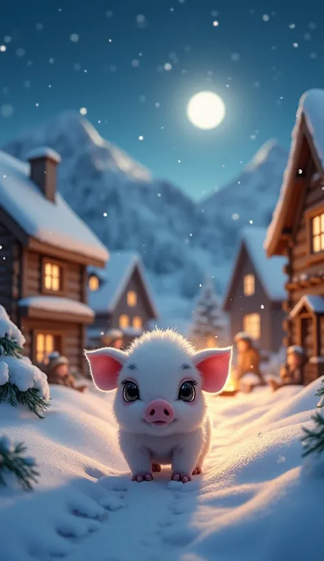 A cozy winter village surrounded by snow-covered mountains under a serene night sky. The scene features a small, fluffy pig with cotton-like fur as the central focus. The pig has short ears, delicate footprints in the snow, and big, shiny eyes reflecting t...