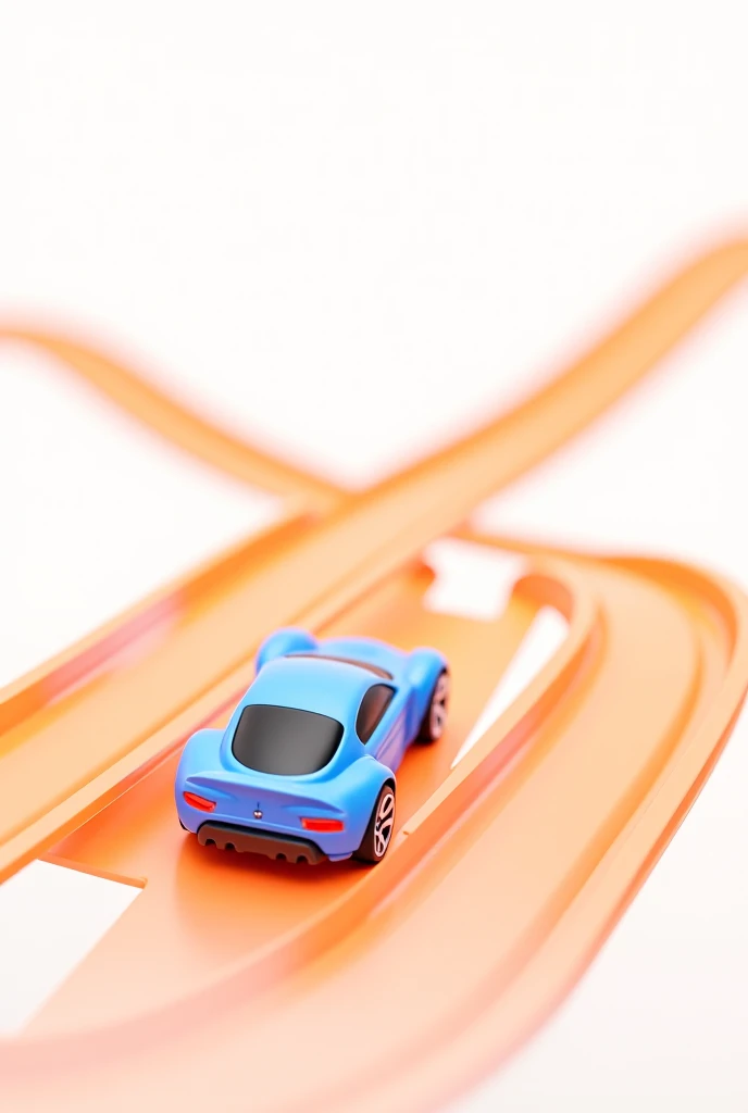 3D style, hot wheels orange track with several loops. Complete track in the frame. Do not cut the track. Blue car at high speed. Clipart, white background.