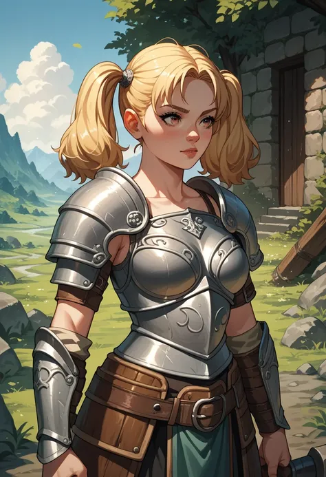 score_9, score_8_up, score_7_up, score_6_up, score_5_up, score_4_up, BREAK source_anime, rating_safety,
dwarf, female, short body, armor, solo, hills background, blonde hair, twintails,