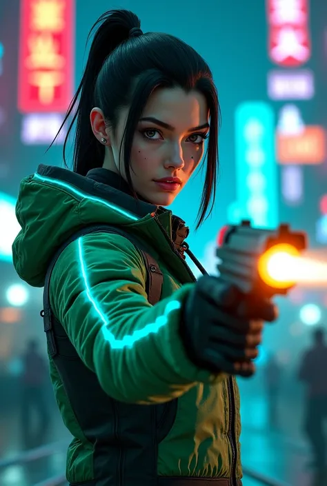 cyberpunk, edgerunner, white woman, black hair, green and blue glowing jacket, glowing blue cybernetics, shooting laser pistol