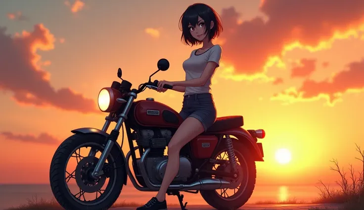  Create a woman with an anime and yet realistic style at the same time,  she must have short medium hair , Covering her eye with her fringe ,  she must look like a bad girl but with a good heart ,  smiling slightly , And put her on a motorcycle with glasse...