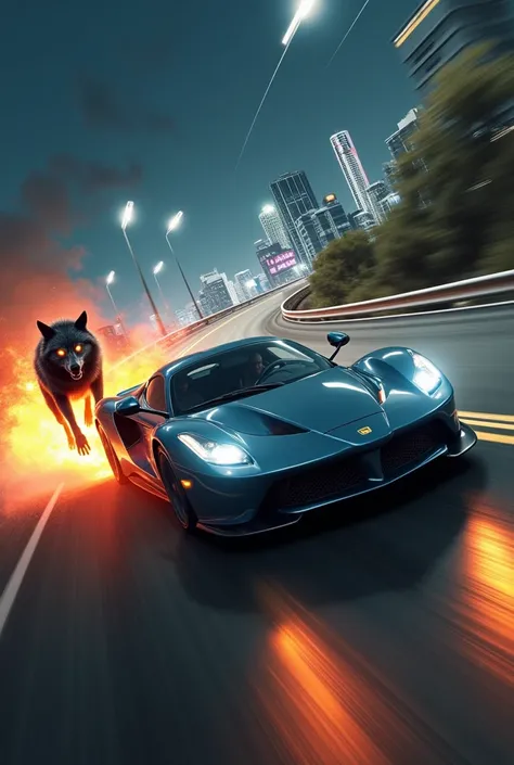 Car going fast with flash and wolf and money and fire