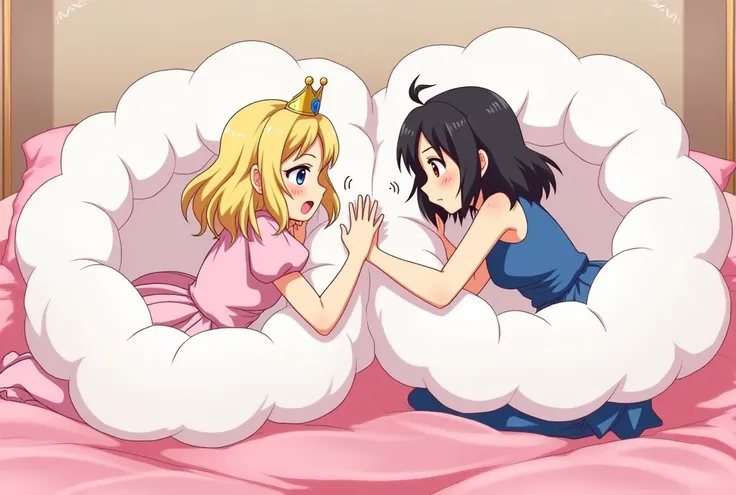 An anime-style art depicting 1princess and 1lady playfully wrestling with each other inside a pink bed comical fight cloud (fairytaile cloud).
one princess with blonde braided and blue-eyes and pink-dress, and one lady with black long hiar and red-eyes and...