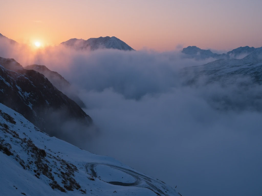 Landscape of montains disappearing in a deep frozen fog, enlightened by rasing sunset rays, a road is disappearing in a tunnel. 
Résolution Haute, Details, Facteur de flare, Bokeh, 