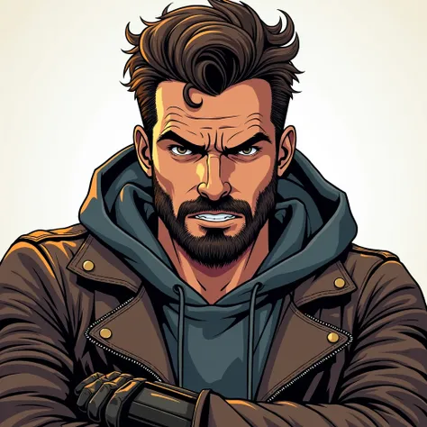  Modern Comic style high graphics details,  Young man with beard and mustard , dark gray hooded sweatshirt ,  leather jacket and leather gloves , Eye view , Annoying, sequence in a picture 