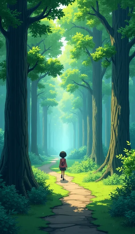 Create a path in the forest under the rain in the anime format.