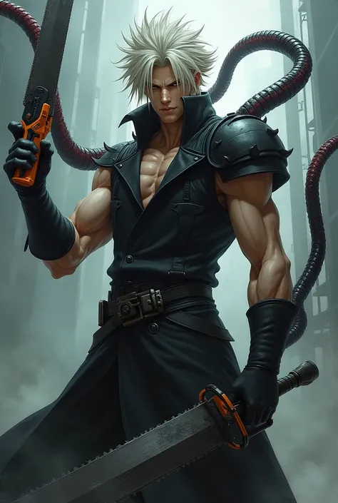  Create white-haired Cloud Strife , Based on the game Final Fantasy VII, Cloud has an electric saw pushed in his right hand, And a symbiote ,  based on Marvel, In the left hand,  he is looking forward and smiling with a demonic smile.