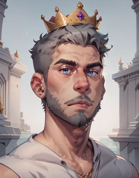 human, male, Face: strong jawline, wrinkles, beard with gray patches, Eyes: wrinkled, bags, blue, Body: strong and firm, aging skin and loss of elasticity, Hair: short, black, starting to turn gray, Outfit: royal clothes, crown encrusted with stones, made ...