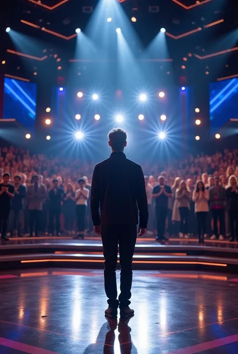  One person on the stage of Americas Got Talent ,  with bright lights and a crowd applauding in the background.  The atmosphere is modern , with the judging panel visible ,  and the person is positioned in the center of the stage ,  ready for your presenta...