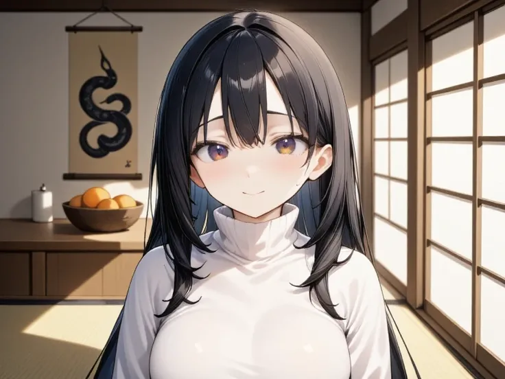 (In 8K, Best Quality, Master Piece: 1.2), Ultra High Resolution,16yo,ultra-detailed face,detailed eyes,black hair, straight hair,long hair,black eyes,blunt bangs,Mascara,white high-neck sweater,head rest,kotatsu,oranges on basket on the kotatsu,yunomi,happ...