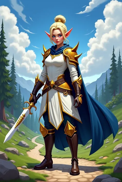 In RPG style, in style of Dungeons & Dragons, in style of fantasy painting. Full body view, looking at the viewer. image of a Beautiful female gnome Mage holding a white and gold staff. Tight White robe armor with gold elements. Gold shoulder pads. Dark pa...