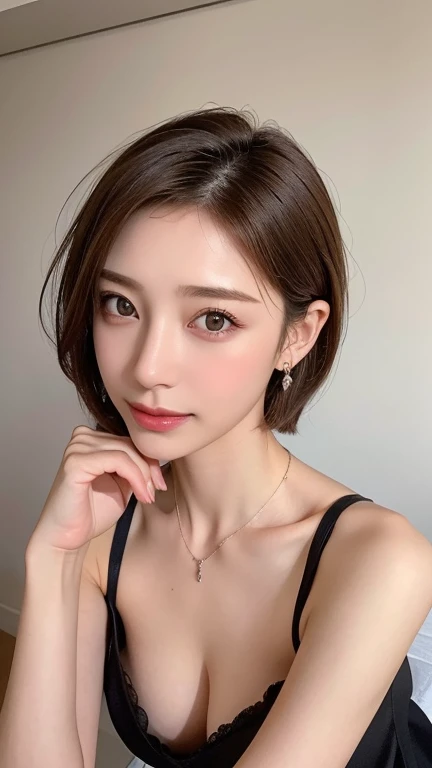  1 mature woman,masterpiece, slim slender, realistic, adult sex appeal, perfect body,Ultra short hair, beautiful faces,Facial beauty, Japanese women, necklace, earrings for women with first name,Makeup