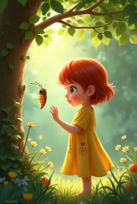  create the image of one with short red hair and a yellow dress ,At the age of 8 admiring a cocoon in a tree 