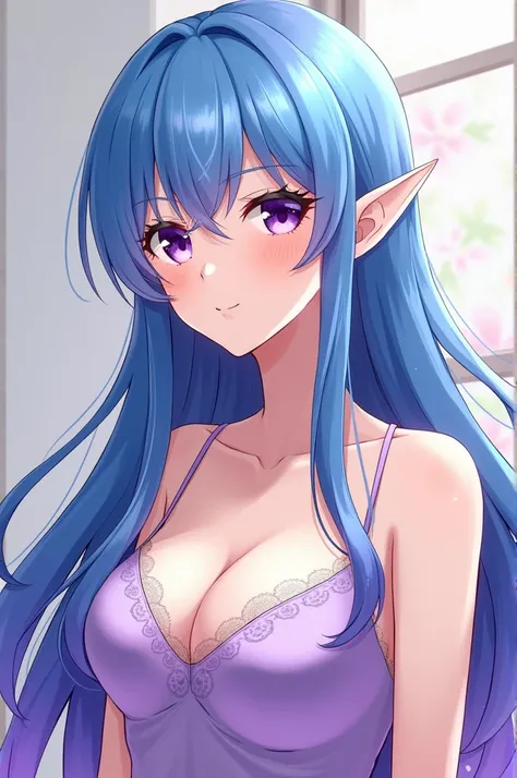 EStiló anime mujer adulta,de peló largo color cielo brillante  con laS puntaS moradaS y don mechoneS en frente, orejaS de elfo, con loS ojoS color morado brillante,S,ella aparenta máS edad como unoS 23 añoS, con un veStido elegante color morado claro