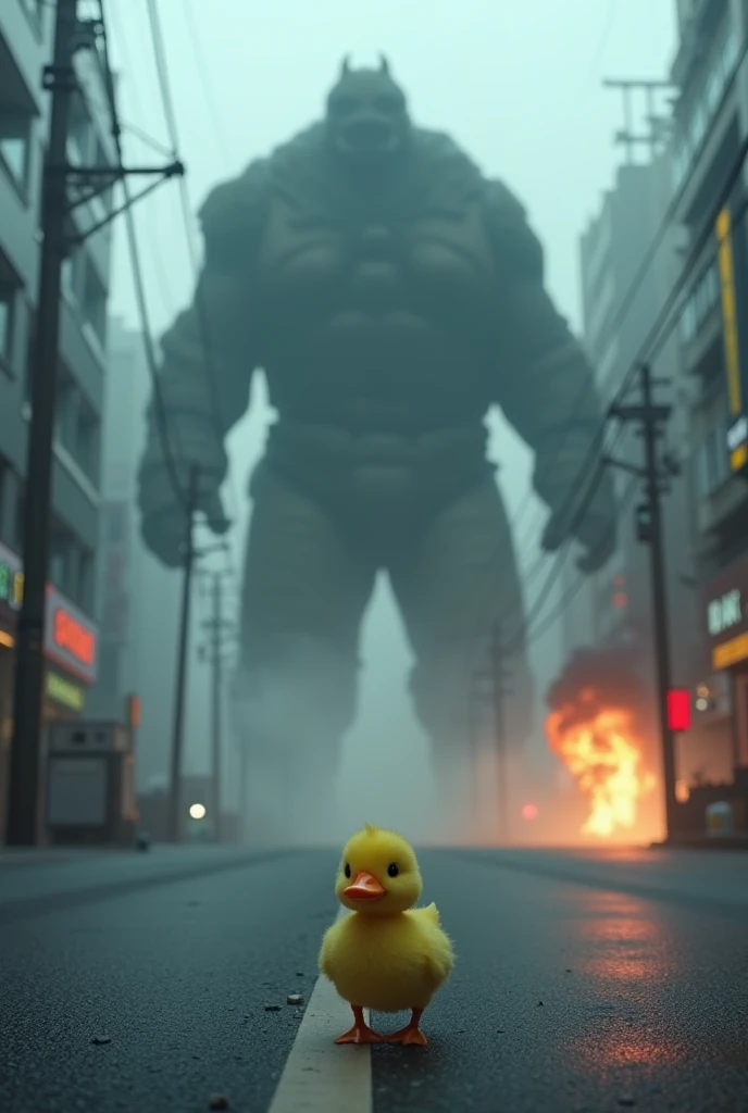 On the misty streets of Tokyo, a colossal monster shadow looms in the fog. Suddenly, a small yellow duck waddles out from the haze, creating an adorable contrast. In the background, explosions and flames erupt, intensifying the dramatic atmosphere. The sce...