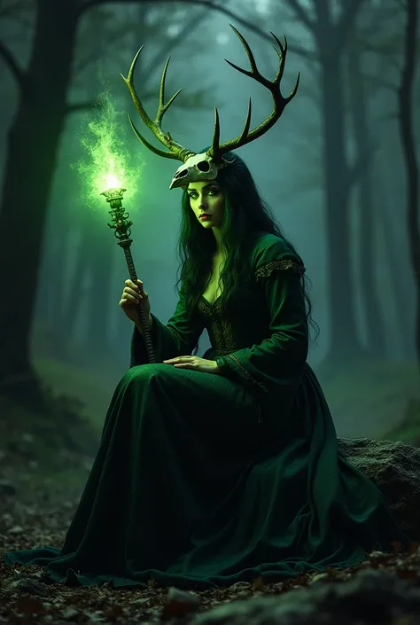 A woman in the woods at night sitting on a stone wearing medieval mens clothing who wears a macara of a deer skull and in her hand holds an enchanted scepter that gives off a green light 