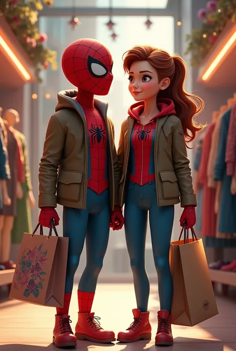 Home Spider and Mary Jane  , Clothing store,  holding bags of clothes