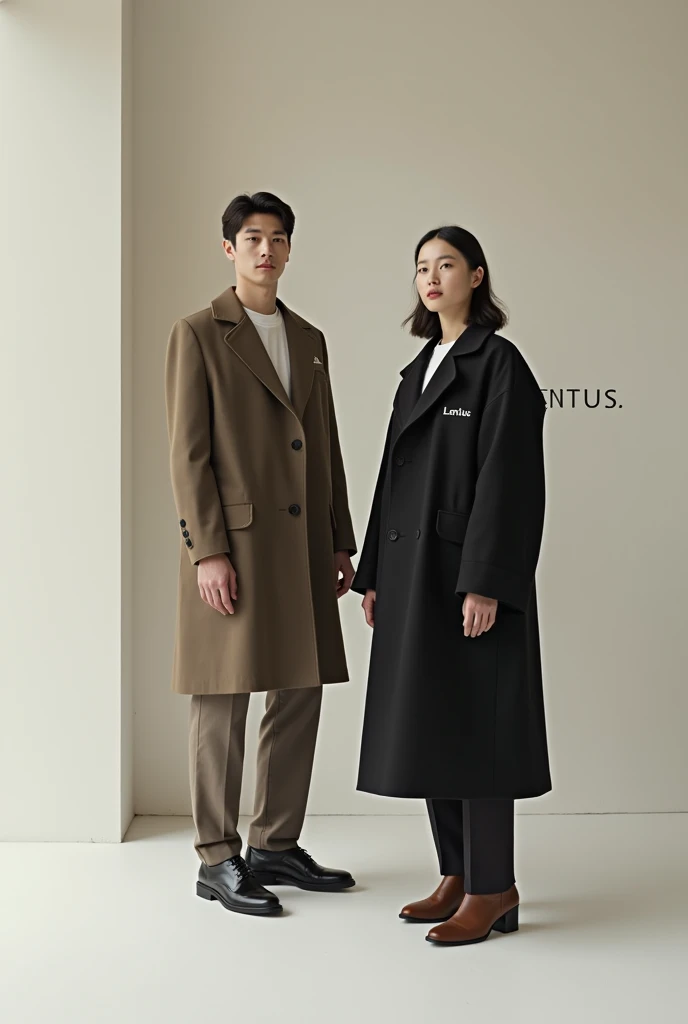 Winter minimalist colors for the Lentus brand 2025 2026 season with no other brand logo to write LENTUS on the back wall in the photo studio for the 2025 2026 season Prepare models for women and men who will write lentus brand on the left chest 