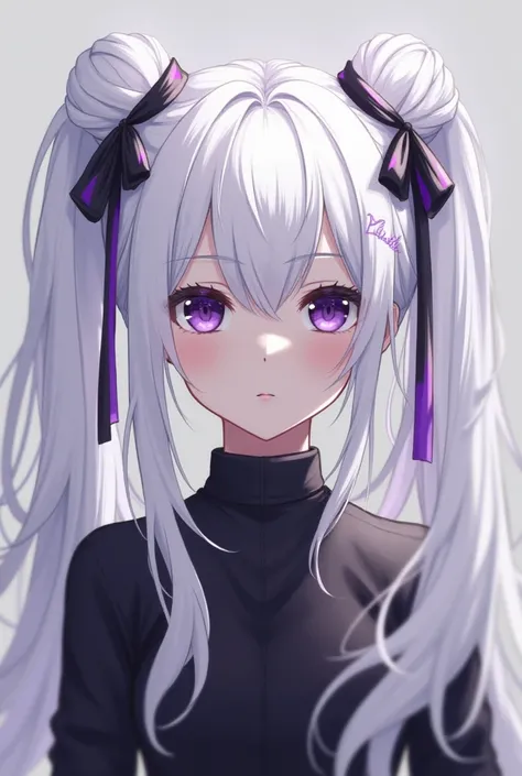 long hair, white hair, double bun, twintails, hair ribbon, black ribbon, purple eyes, black eyes, gradient eyes