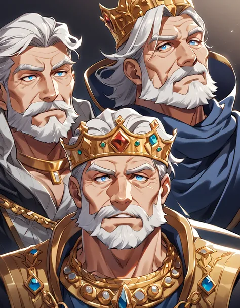 human, male, Face: strong jawline, wrinkles, beard with gray patches, Eyes: wrinkled, bags, blue, Body: strong and firm, aging skin and loss of elasticity, Hair: short, black, starting to turn gray, Outfit: royal clothes, crown encrusted with stones, made ...