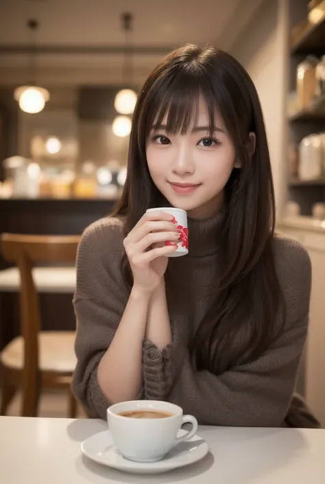  Inhaling Eyes , cute double ,  Mysterious Woman Drinking Coffee at a Cafe , Cafe latte,  Sweet-scented Perfume , small animals, Inward-curling long hair, Discerning Bangs , Freshly washed hair , First Date, Talented , Kind personality,  Extremely Detailed...