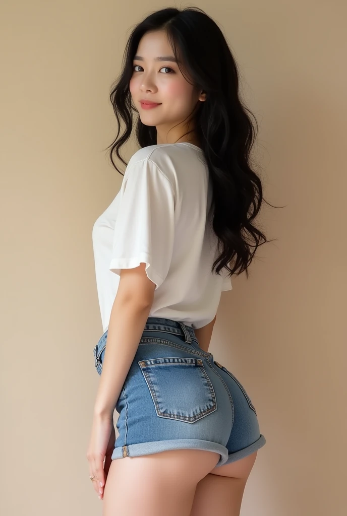 Korean mixed-race beauty, 1:1 face shape, beautiful_face, pointed chin, {{big eyes}}, straight nose, butt focus, female focus, whole body, {best quality}, {{masterpiece}}, {highres}, original, Extremely detailed 8K wallpaper, 1girl, {extremely accurate bea...