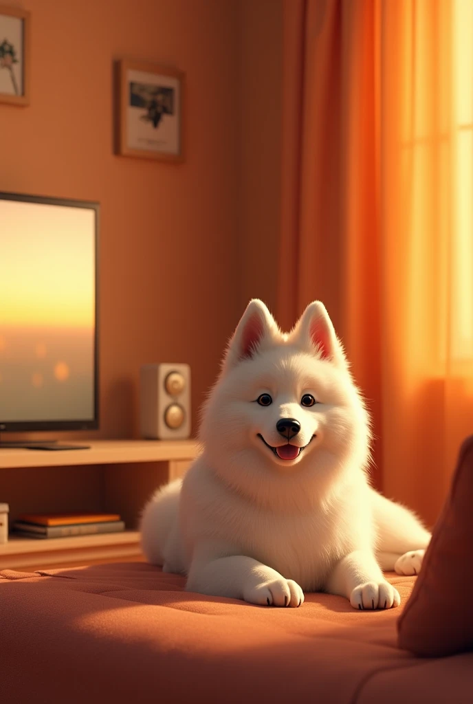  in the room　 tangerine 　tv set　Smartphone　A cute white Samoyed dog 