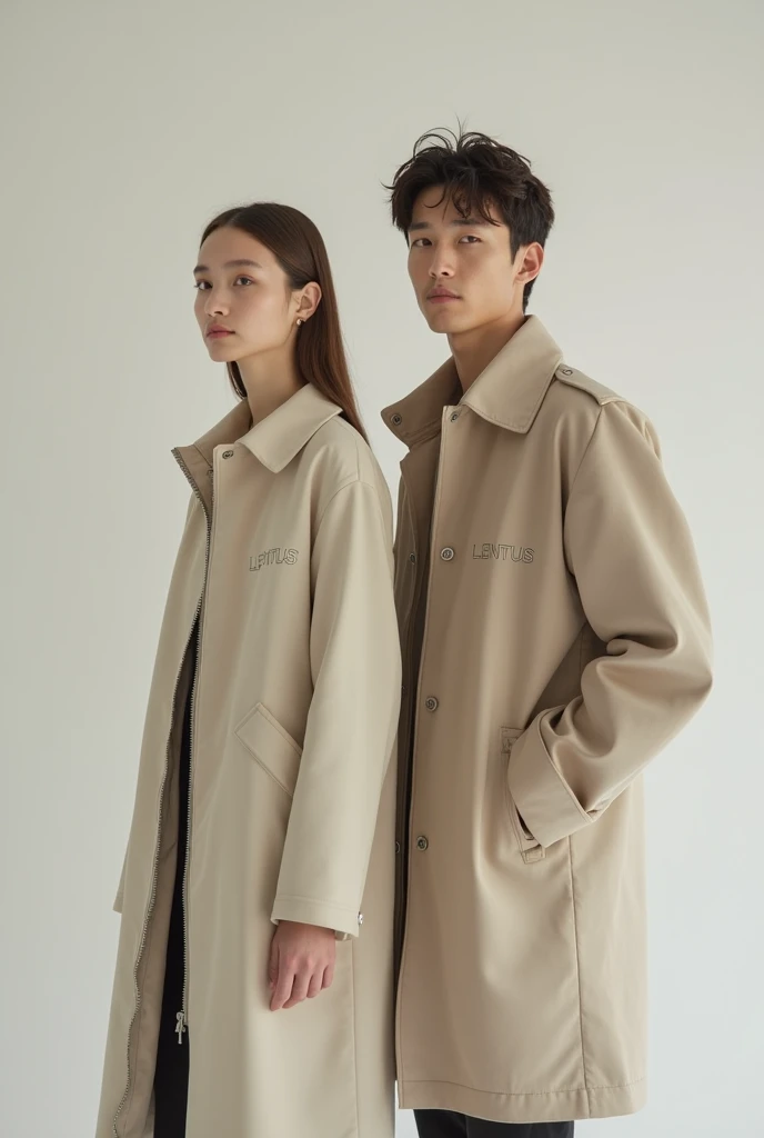 Prepare a sports jacket and coat models dominated by winter minimalist colors so that there is no other brand logo to write LENTUS on the back wall in the photo studio 2025 2026 season for the Lentus brand on the left chest with the Lentus brand on the fem...