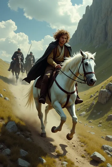 Create Frodo on top of a white horse running from the Nazgul on a slope, From a nadir point but that Frodo is in the foreground


