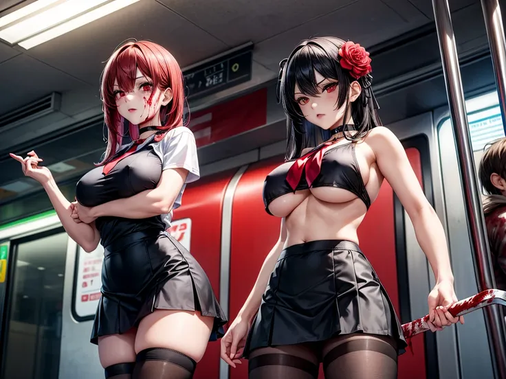  manos perfectas, Perfect fingers,  detailed eyes , (((blood))), (((blood en el cuerpo))), 1 chica high school, Alone,  holds an axe , standing, fighting pose,  big breasts ,  slender legs ,   seen from the front, scarlet red eyes,  long black hair , Red f...