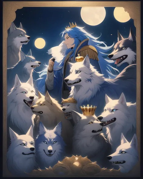 The four-legged beast,  Blue-Haired Wolves  , Cool wolf, moon，Night Sky Dreams ，comfortable，Unzip,  Images of Wolves Only ,King of Wolves , king,　Gold crown, １Wolf, 一Wolf