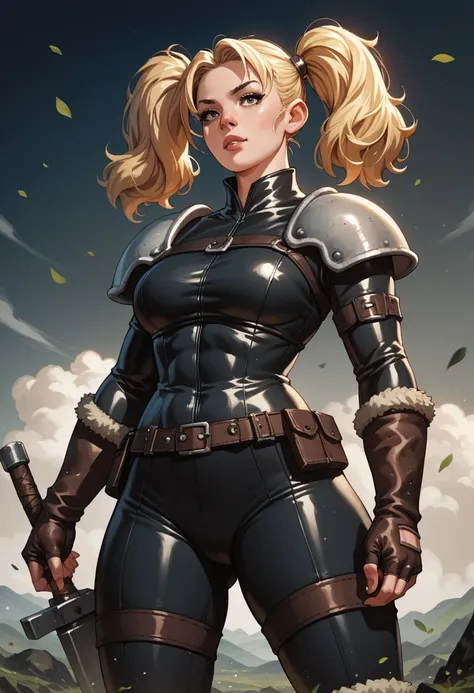 score_9, score_8_up, score_7_up, score_6_up, score_5_up, score_4_up, BREAK source_anime, rating_safety,
dwarf, female, short body, blacksmith outfit, solo, hills background, blonde hair, twintails,  thicc tights, broad shoulders,