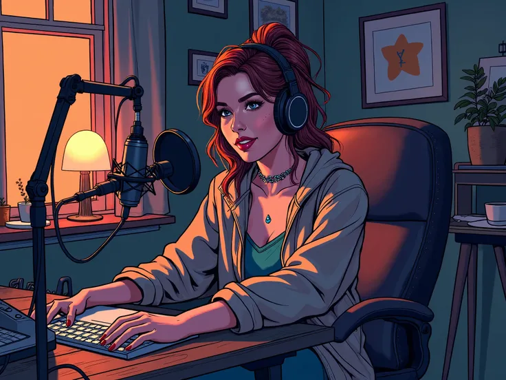 Comic book art-style A woman sitting in a studio doing a podcast at night