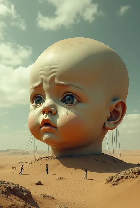 . Giant Baby Head in a Desert:
"A surreal and unsettling image of a colossal baby’s head half-buried in the middle of an endless desert. Its glassy eyes stare blankly at the horizon, and faint tears roll down its dusty cheeks. Tiny humans are seen climbing...