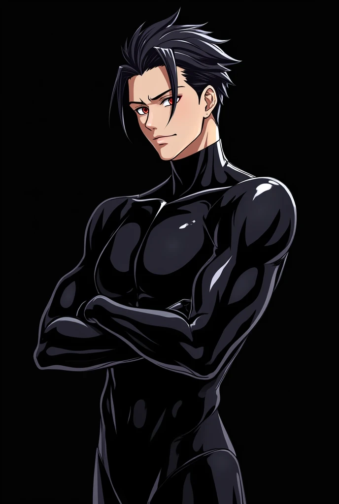 anime character: anime handsome．High image quality. Muscular, Handsome man in a tight black latex suit handsome.asia handsome．black hair．red eye．hair slicked back.short hair．The background is black, black．black．black．A black liquid with a high amount of mu...