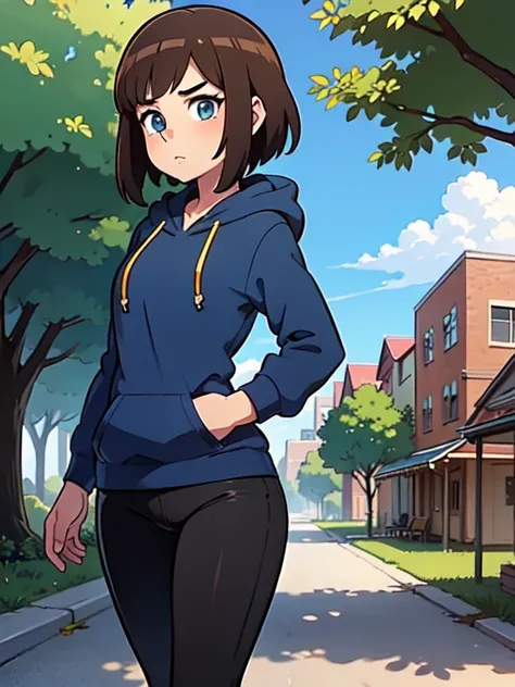 (masterpiece, best quality:1.2), CARTOON, ANIME, CARTOON ARTSTYLE, 1girl, solo, masterpiece best quality, 20yo woman, college freshman, brown hair, blue eyes, blue hoodie, black leggings. Outdoors, college campus
