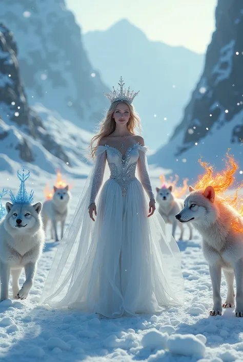 A princess walks with snow and fire animals
