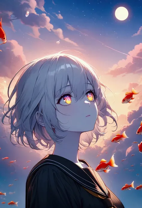 (female( student, , JK,  short haired ,  silver hair,  scattered hair, Space-colored eyes , black sailor suit(high school),  pale skin , Tired face, No brilliance in the eyes )  Looking up at the sky ), (So many goldfish swimming in the air ),  beautiful s...