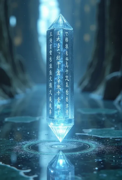  A mysterious elongated and shiny crystal with strange inscriptions on its sides,This crystal is falling on top of the shimmering glass floor. 3D fantasy and science fiction style .