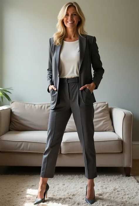 Hot blonde fit 45 years old woman with nice legs and thick hair and thinner body but tiny mom bod standing with legs slightly spread apart in living room with carpet wearing job casual clothes (zoomed out full body shot) show legs and feet